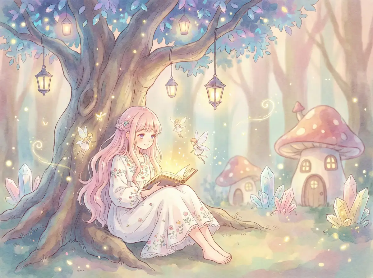 自拍视频 - 魔法森林中阅读故事书的粉发少女与精灵